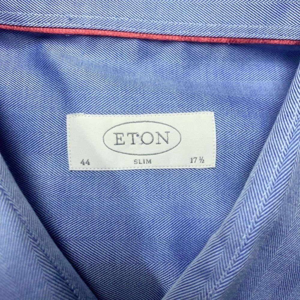 Eton Dress Shirt Men 17.5 / 44 Slim Fit Button Up Blue Herringbone Long Sleeve - Picture 4 of 6